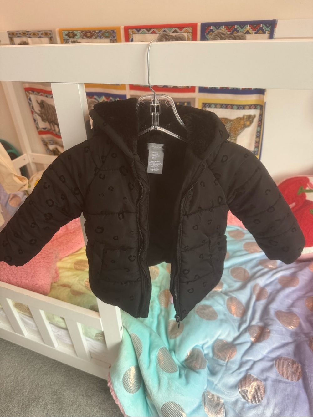 Tahari Black Hooded Puffer Coat with Subtle Print